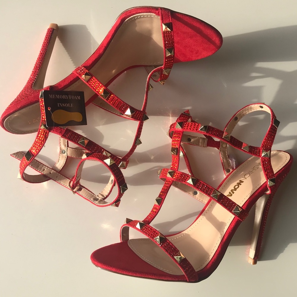 RED SPARKLY CAGE HEELS WITH STUDS